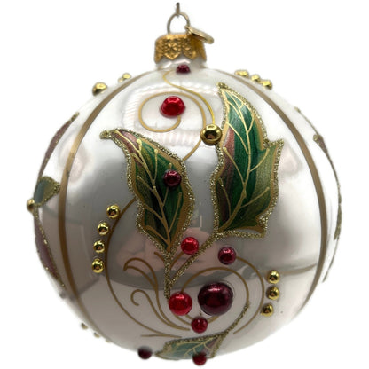 Glitter Lab Christmas Patterns Poinsettia Leaves White Orb Ball Holiday Ornament