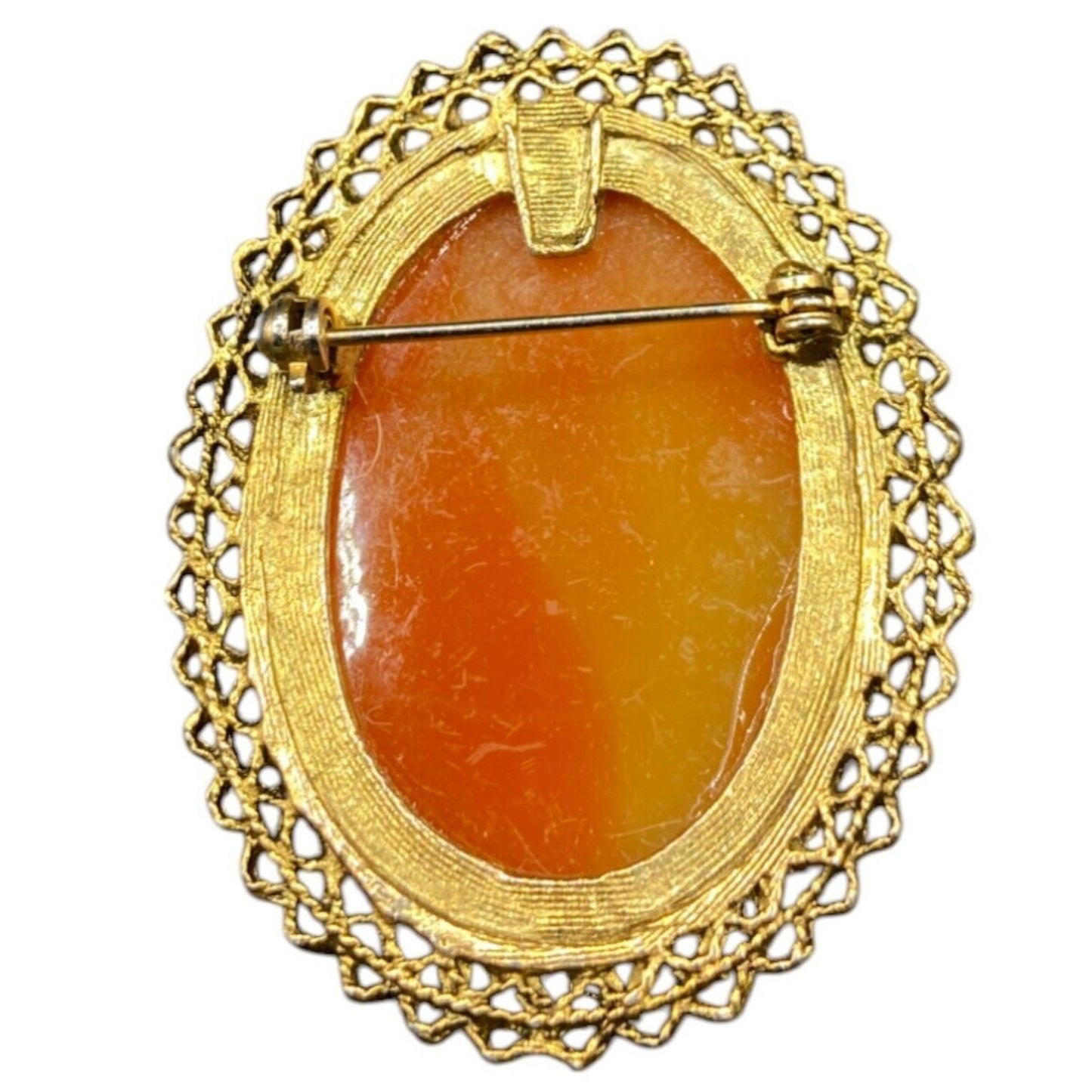 Vintage Cameo Brooch Lady Necklace Mid Century Oval Gold Tone Metal Filigree