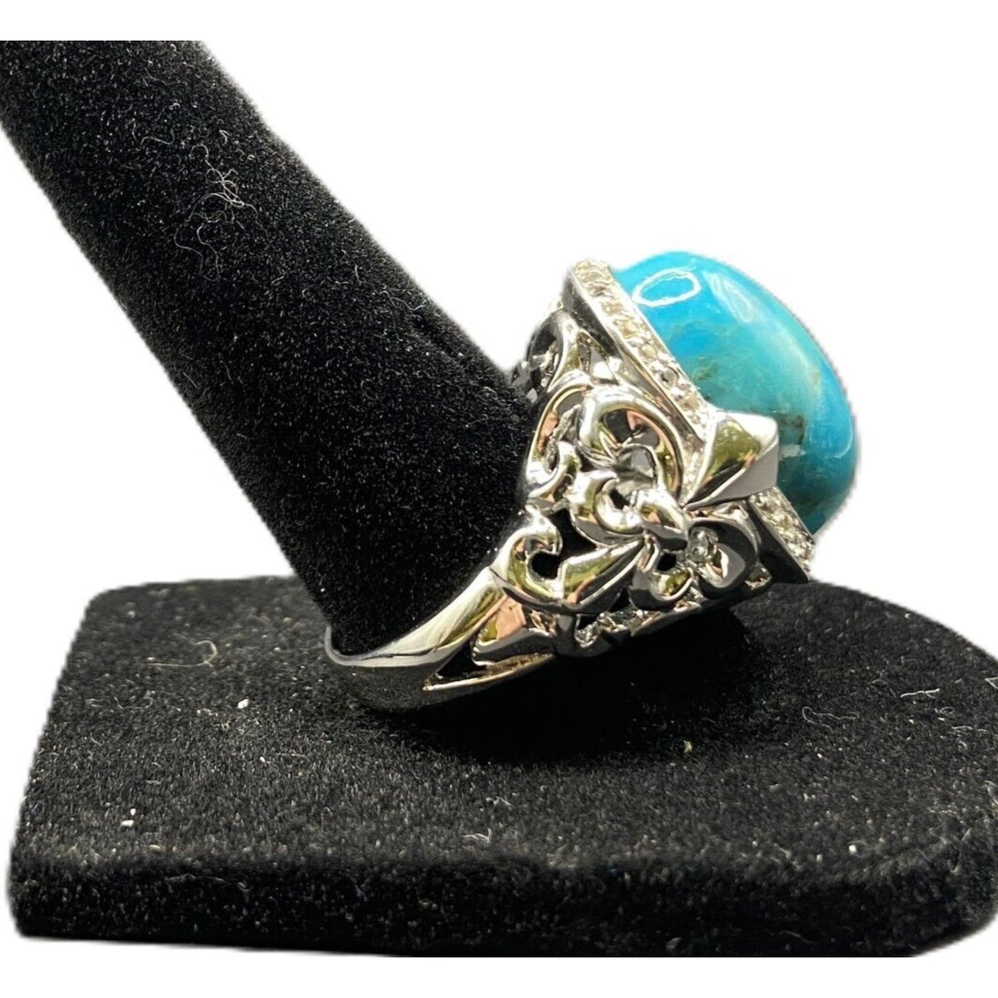 JS 925 Sterling Silver Ring Oval Cabochon Turquoise Gemstone Cocktail Size 8