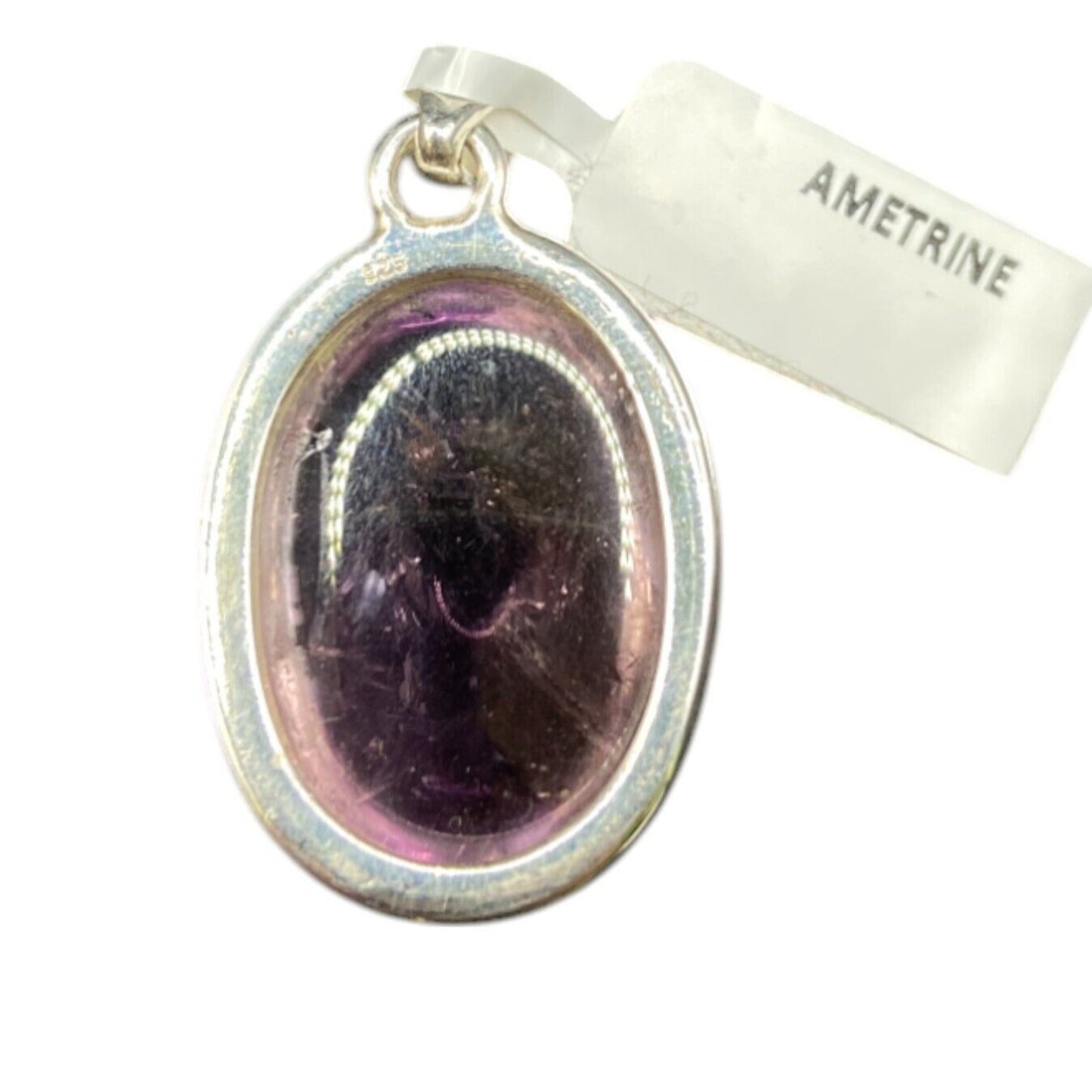 Polished Ametrine Gemstone Pendant Purple Oval Cabochon Silver Tone Fine Jewelry