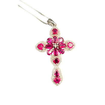 Red Mahaleo Ruby Rhodium Cross Pendant 925 Sterling Box Chain Necklace