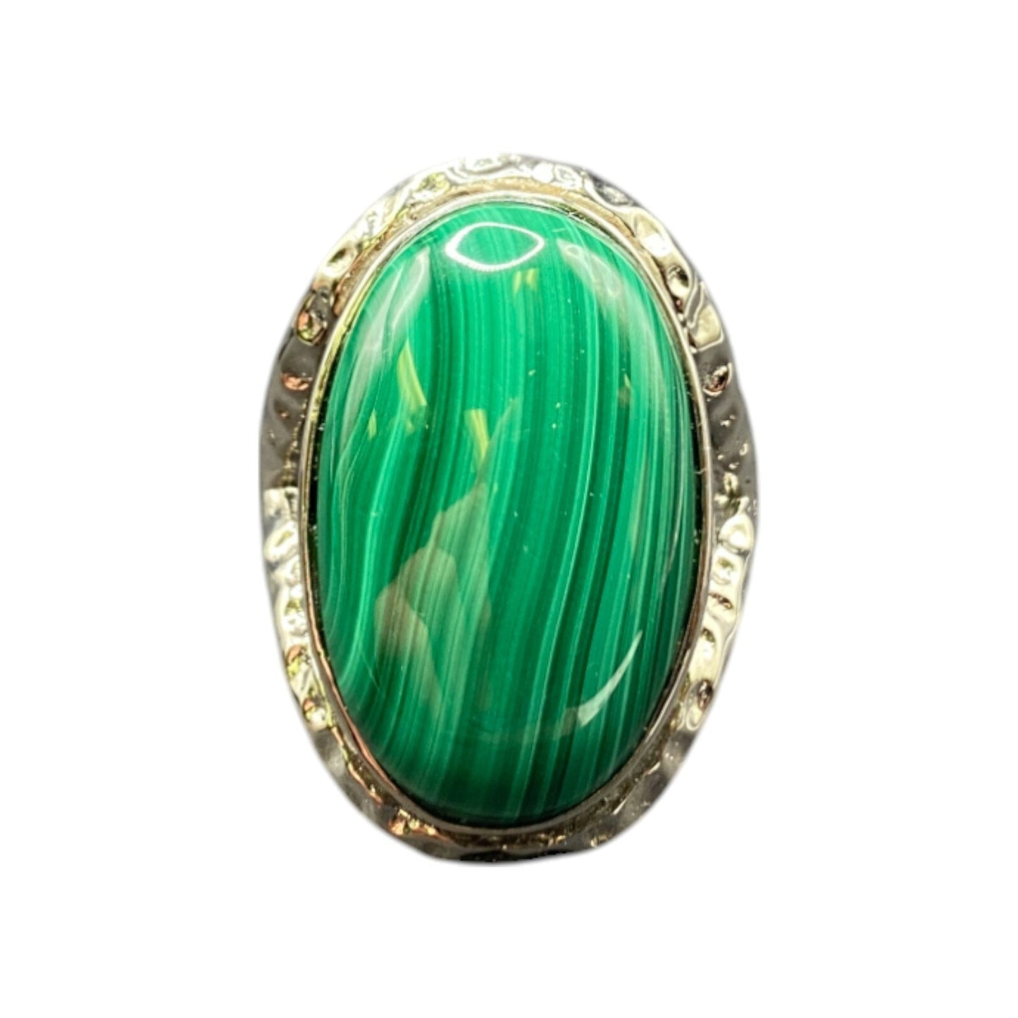 Malachite Ring Green Gemstone Oval Cabochon Hammered Stainless Steel GSJ Size 8