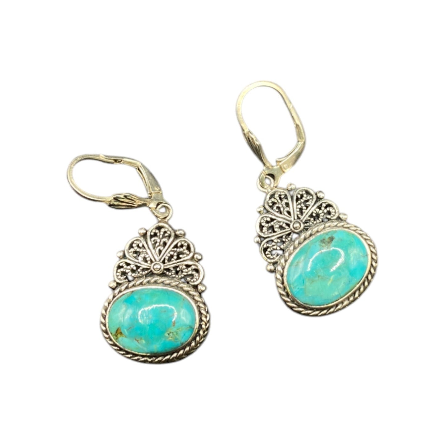 Turquoise Oval Earrings Sterling Silver Leverback Blue Gemstone NOA Thailand