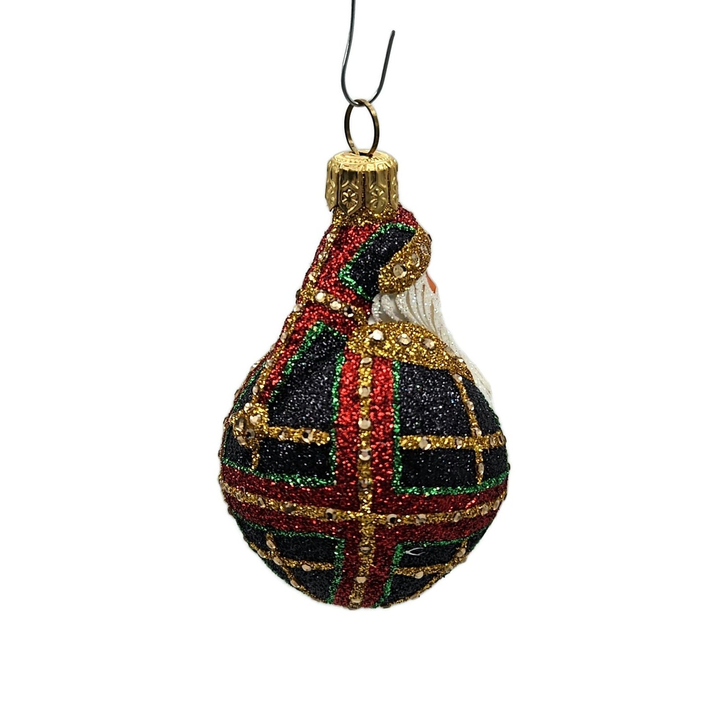 Patricia Breen Miniature Santa du Monde Plaid Black Glittered Christmas Ornament