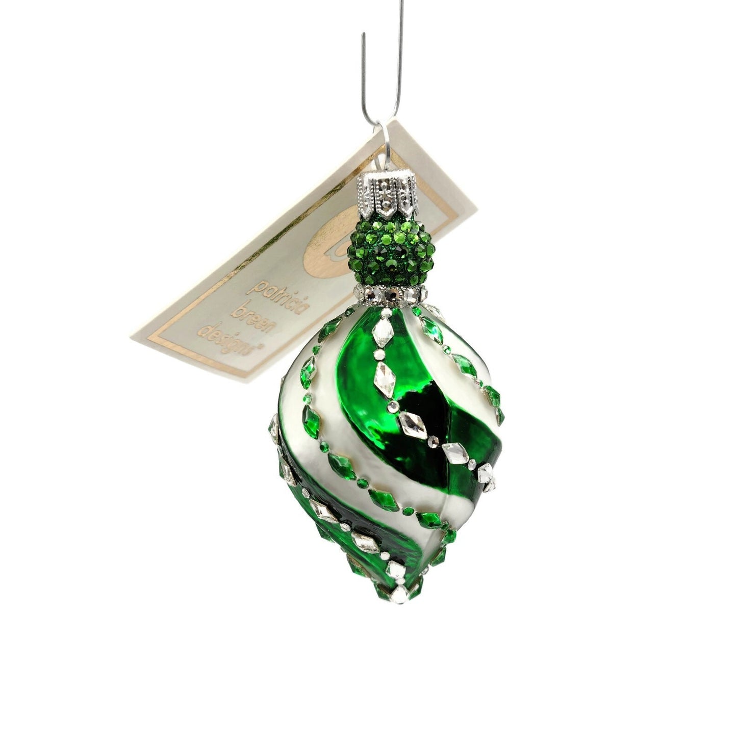 Patricia Breen Swirled Band Green Silver Jeweled Drop Christmas Ornament 5175