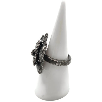 Chanel Camellia CC Ring Ruthenium Black Enamel Crystal EU 54 US 7 w/ Box 13P