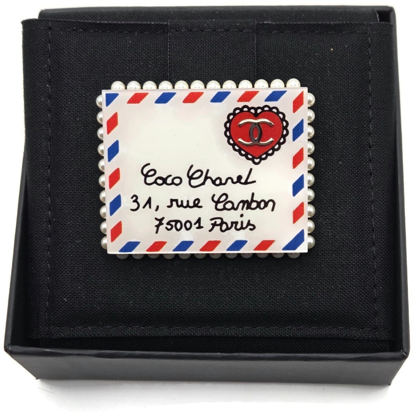 Chanel 19C Rue Cambon Paris Letter Brooch Pin AB0919 CC Logo Pearl Airmail Blue