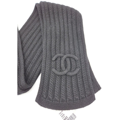 Chanel 10A Black Cashmere Ribbed Scarf with Large Signature CC Logo 120"X6" NWT