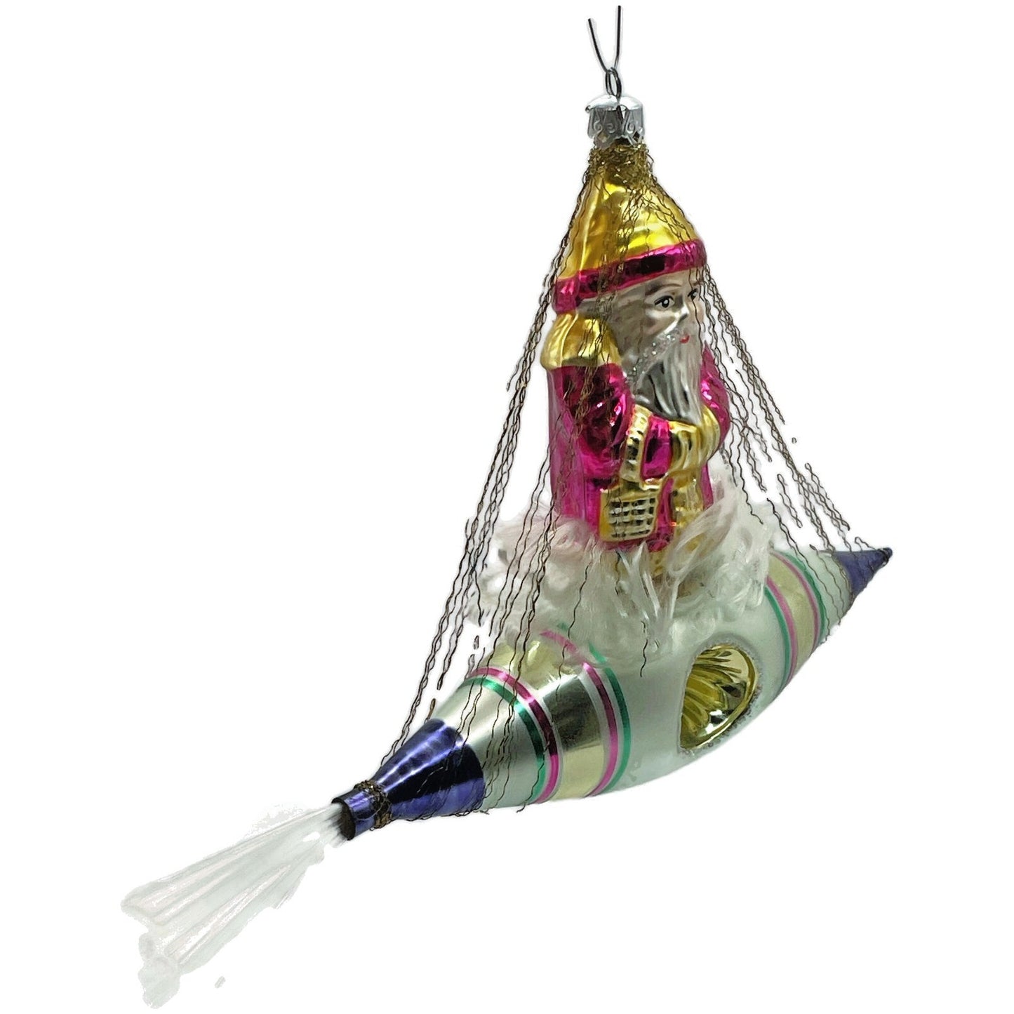 Christopher Radko Pink Santa In Space Blue Silver Rocket Christmas Tree Ornament