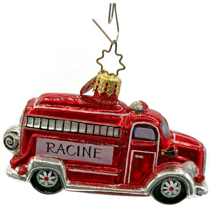 Christopher Radko Racine Fire Truck Glass Christmas Ornament Poland Retired