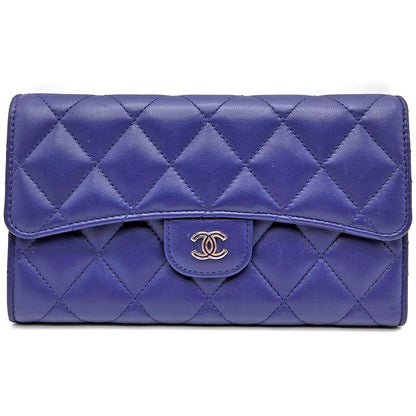 Chanel Quilted Large Flap Wallet Purple Soft Leather CC Logo Classic Rare Silver