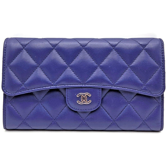 Chanel Quilted Large Flap Wallet Purple Soft Leather CC Logo Classic Rare Silver
