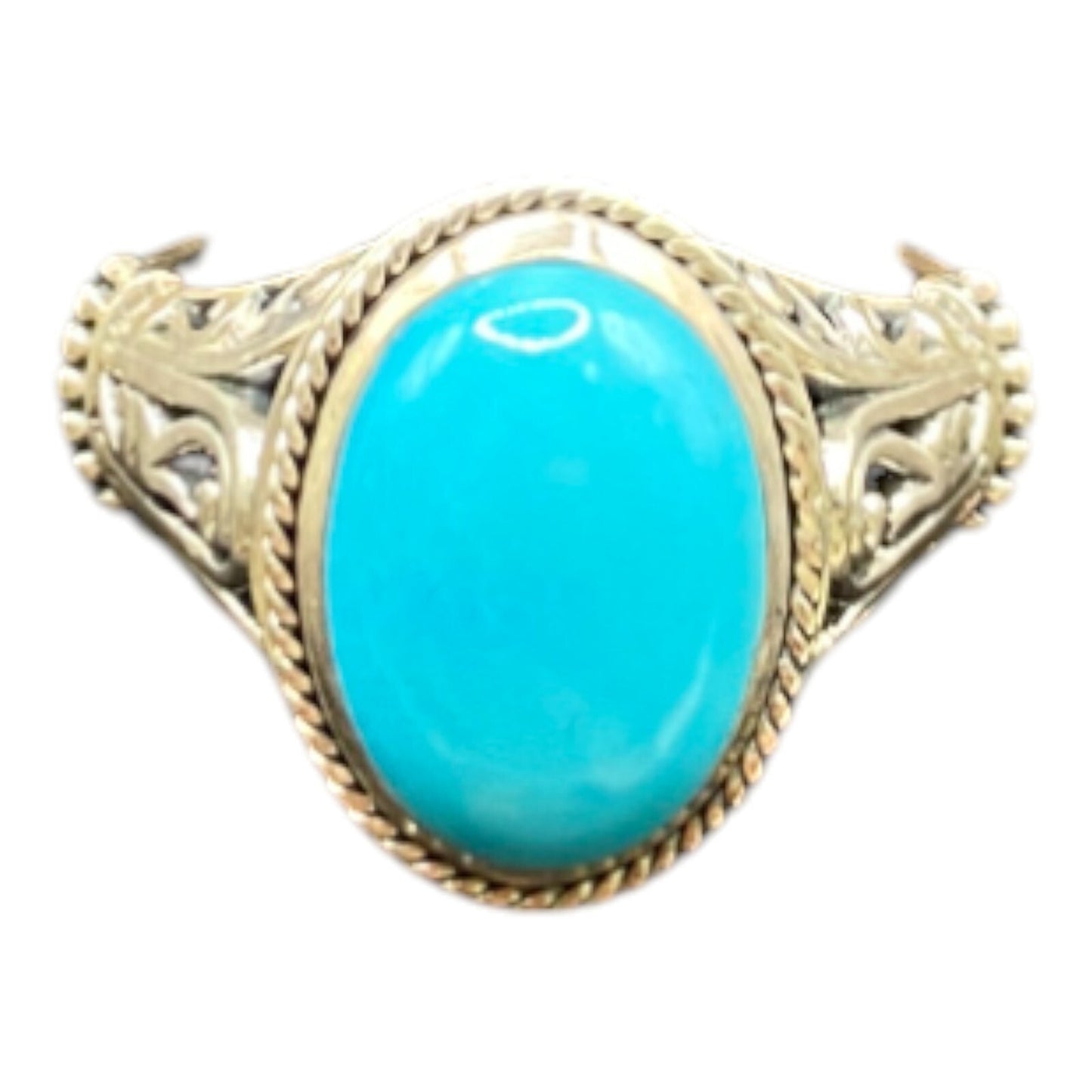 925 Sterling Silver Filigree Oval Turquoise Gemstone Cocktail Ring Size 8 3/4