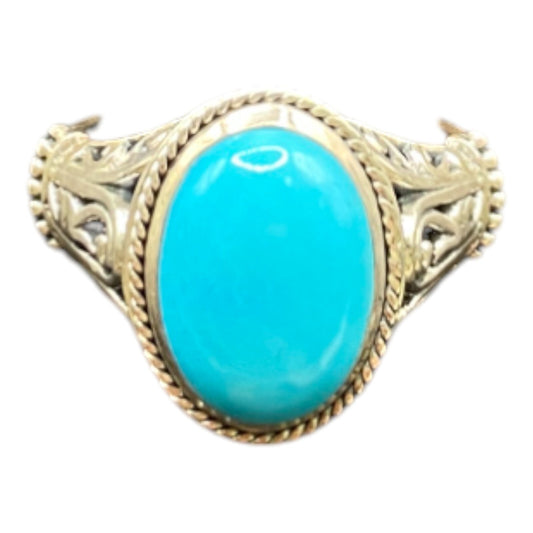 925 Sterling Silver Filigree Oval Turquoise Gemstone Cocktail Ring Size 8 3/4
