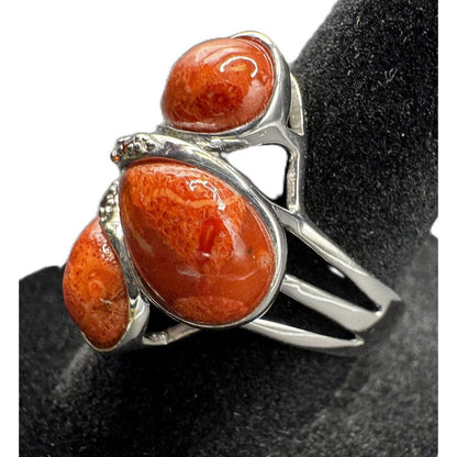 NF 925 Signed Sterling Silver Ring Teardrop Shape Sponge Coral Rhinestone Size 7
