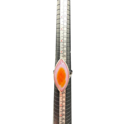 925 Sterling Silver Ring Agate Pink Orange Semi Precious Stone Marquise Size 9