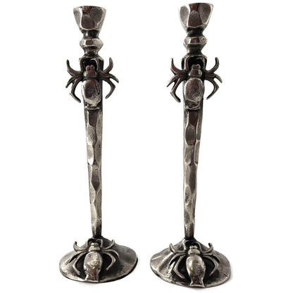 Gothic Halloween Spooky Spider Black Metal Taper Candle Holder Decor Set of 2