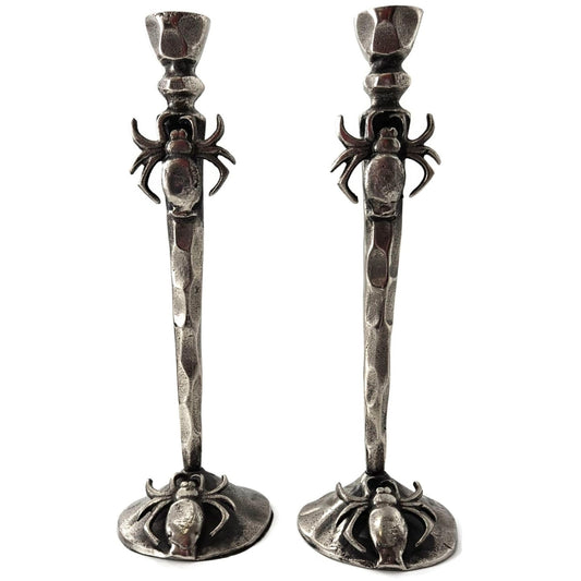 Gothic Halloween Spooky Spider Black Metal Taper Candle Holder Decor Set of 2