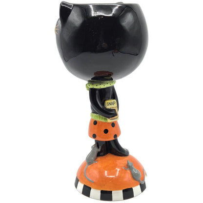 Department 56 Halloween Google Eye Black Cat Goblet Ceramic Candy Dish Party