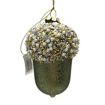 burton + Burton Acorn Green Pearl Blown Glass Christmas Holiday Tree Ornament