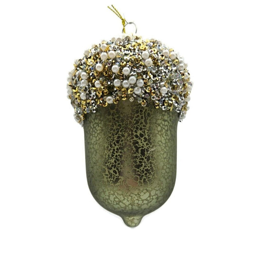 burton + Burton Acorn Green Pearl Blown Glass Christmas Holiday Tree Ornament