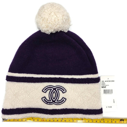 Chanel CC Logo Cashmere Beanie Hat Purple White Pom Pom Great Britain Rare