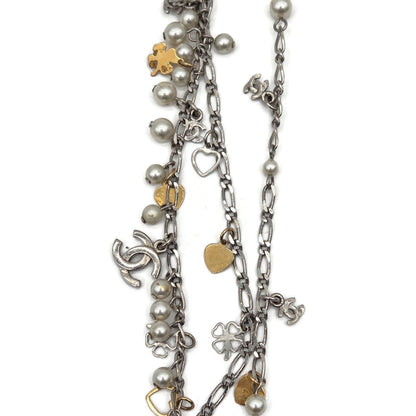 CoCo Chanel Three Strand Chain Hearts Clover Faux Pearl CC Logo Charm Necklace