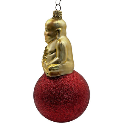 Patricia Breen Ornament Buddha on Ball Gold Red Glittered Ball Christmas Tree