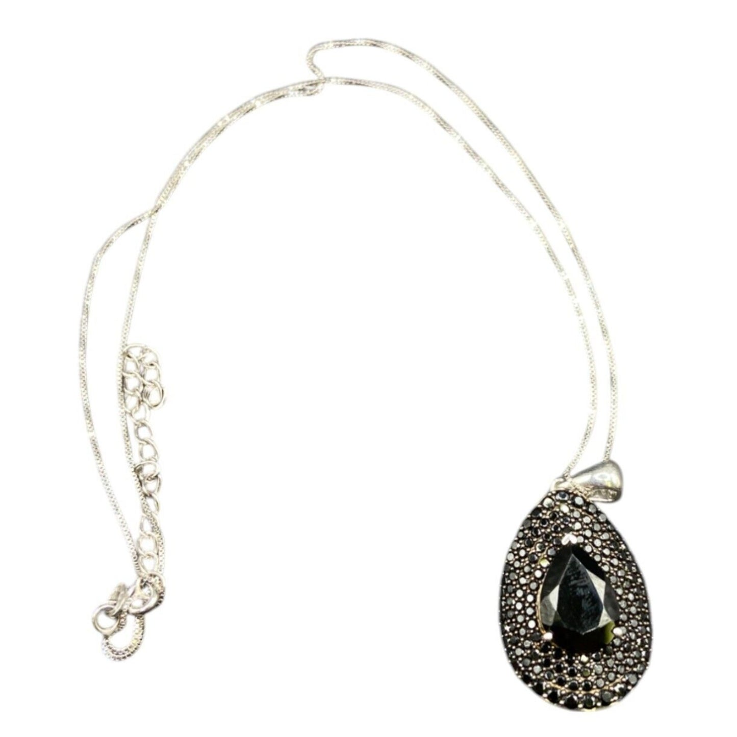 Black Onyx Teadrop Pendant Marcasite 925 Sterling Silver Box Chain Necklace GIE