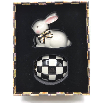 Mackenzie Childs Courtly Check Bunny Egg Hostess Set Easter Spring Black Pink