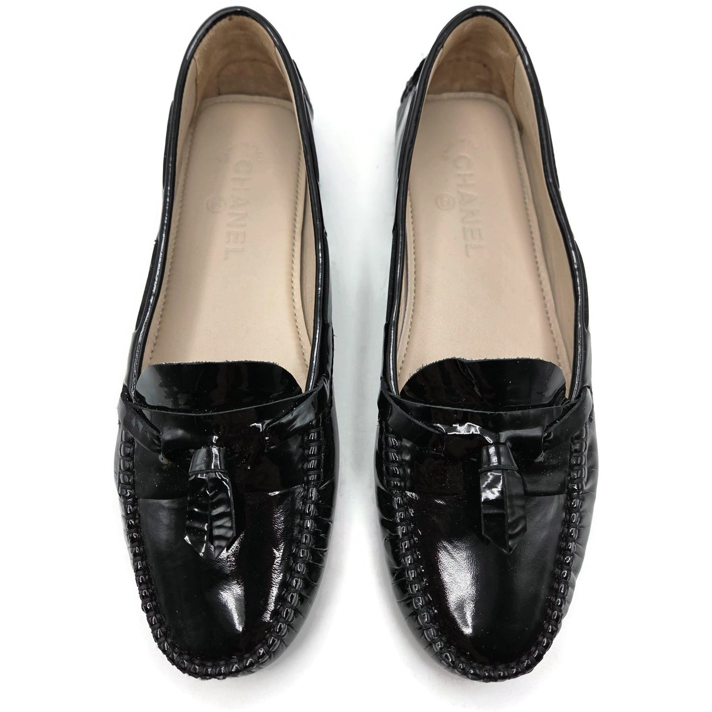 Chanel Black Patent Leather Moccasins Loafers Womens EU 40 / US 10B + Dust Bags
