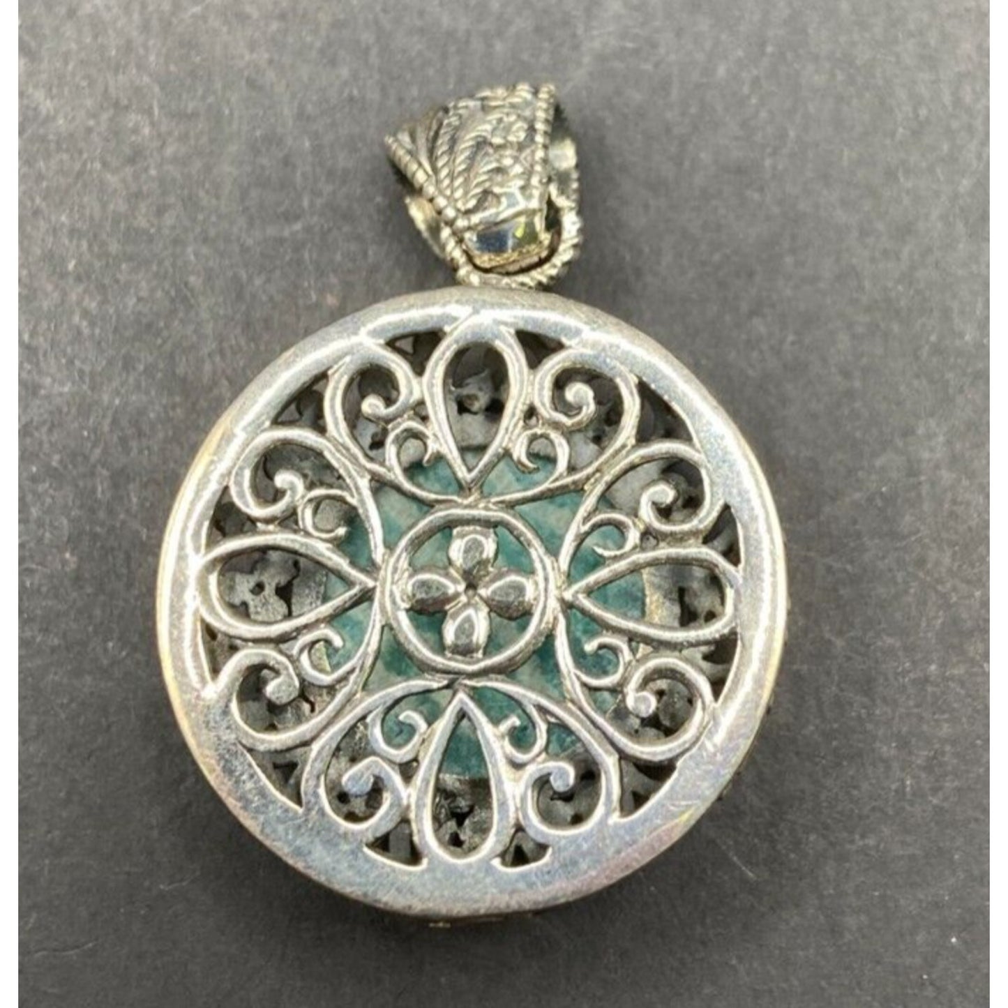 Amazonite Crystal Stone Pendant Round Cabochon Shaped Silver Tone Metal Filigree