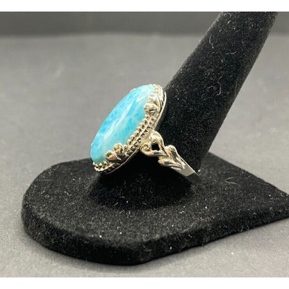 Larimar Gemstone Ring Oval Gemstone 925 Stering Silver JS Thailand Size 8