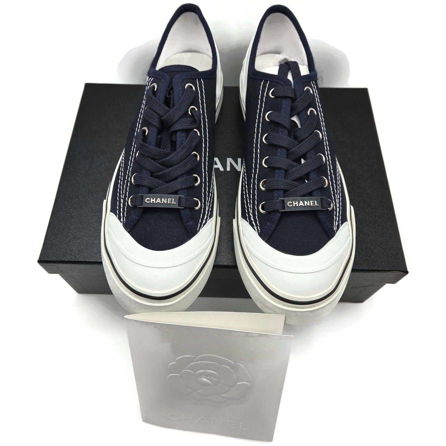 CHANEL Navy Fabric Sneakers Womens Size 40 White Sole Lace Up Low Top Box G34760