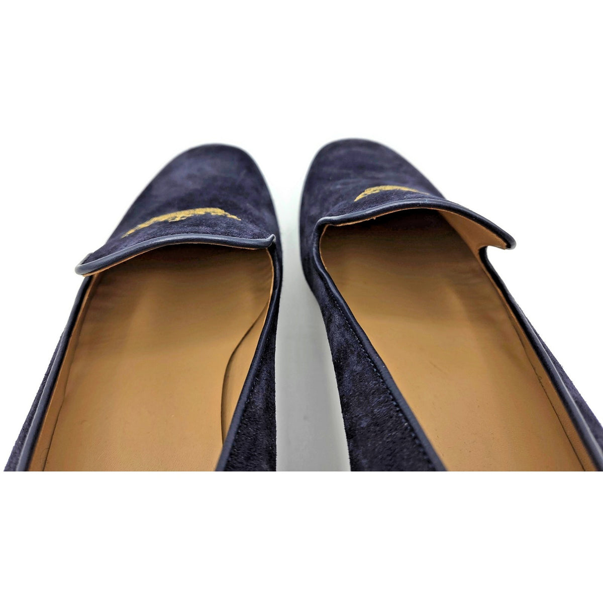 Churchs Flora 2 Dark Blue Suede Loafers Crown Embroidered Luxury Shoes Rare