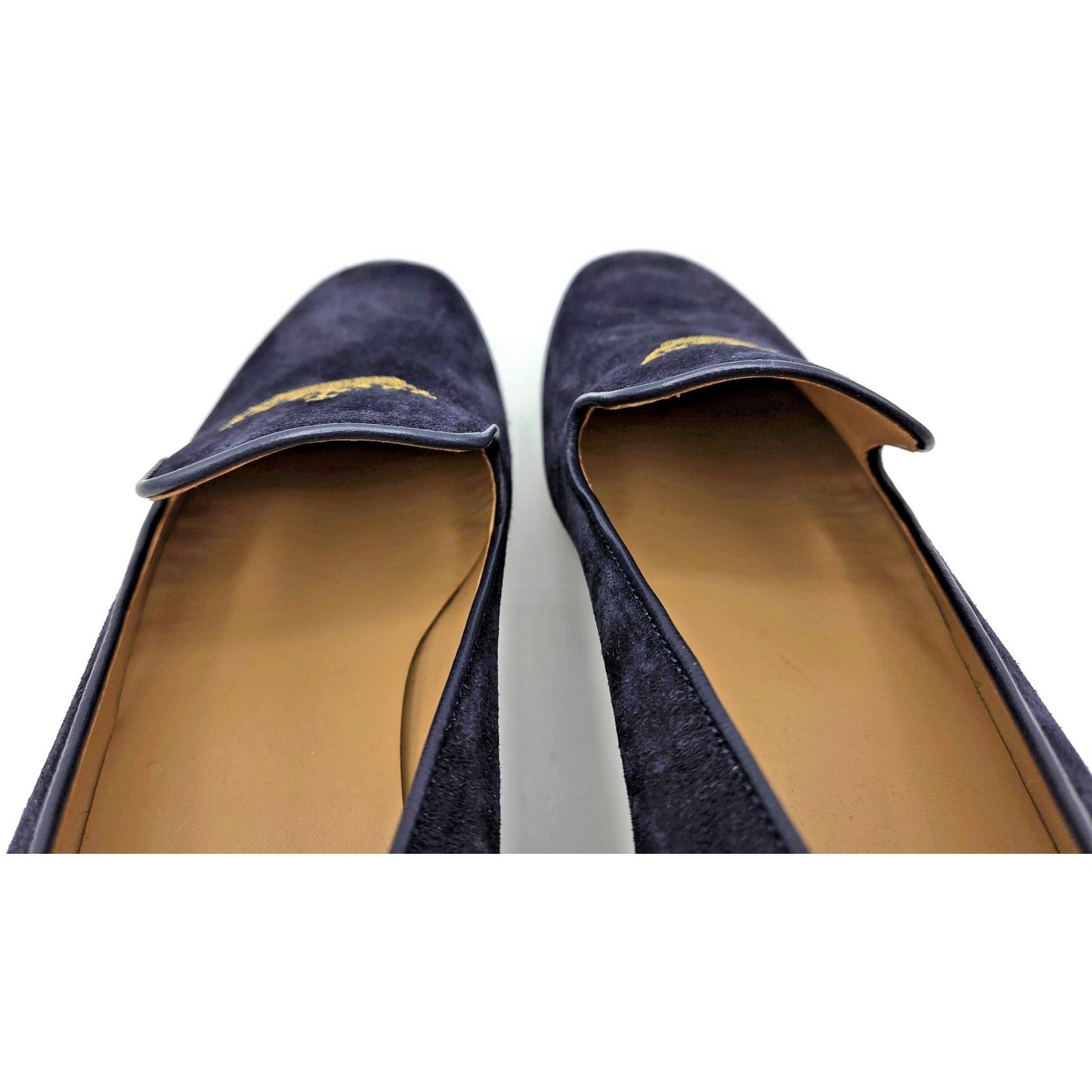 Churchs Flora 2 Dark Blue Suede Loafers Rare Crown Embroidered Luxury Shoes