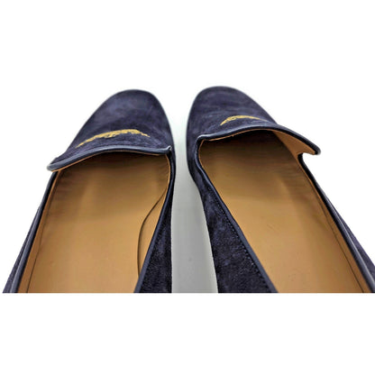 Churchs Flora 2 Dark Blue Suede Loafers Rare Crown Embroidered Luxury Shoes