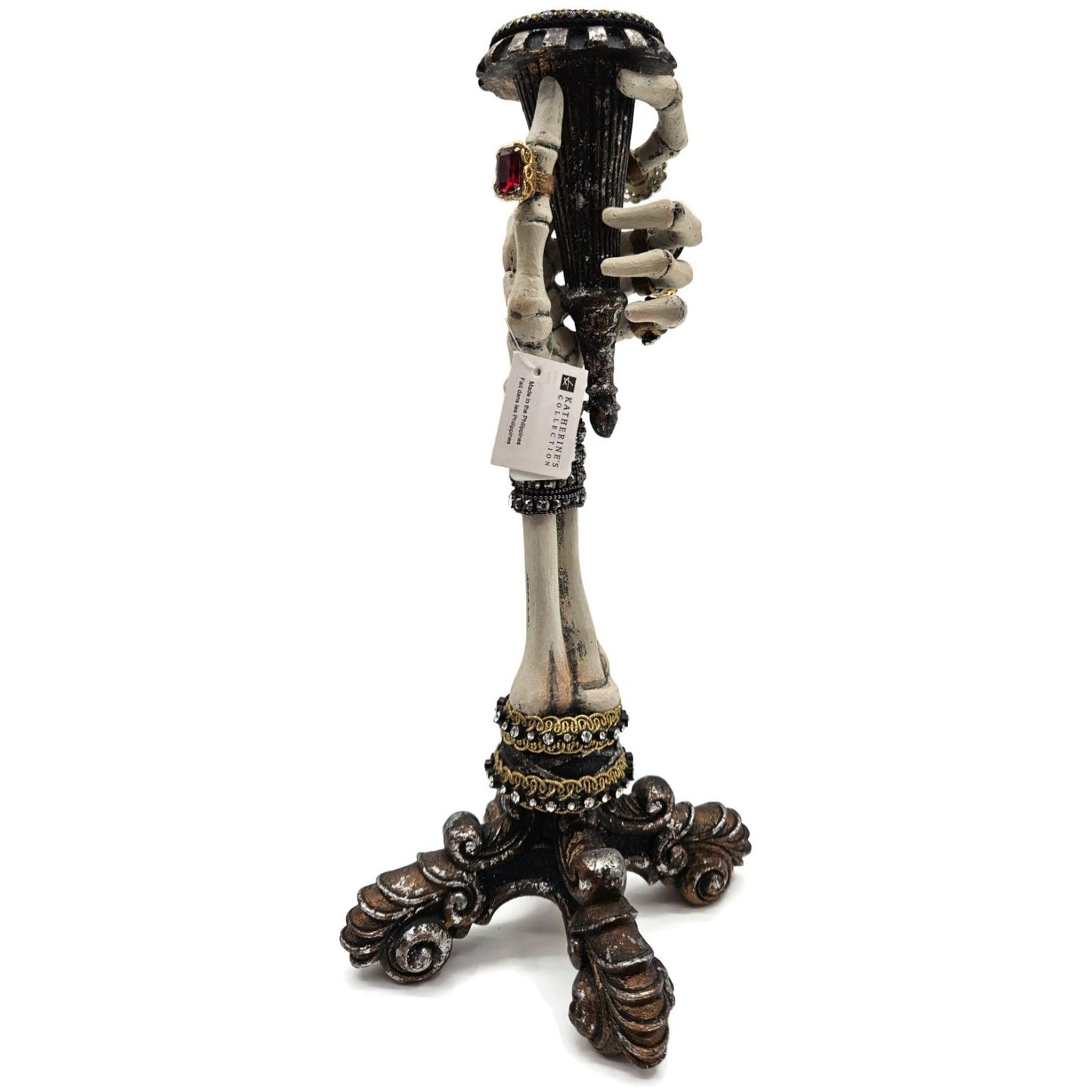 Katherine’s Collection Skeleton Hand Taper Candle Holders Pair Jeweled Rings 13"