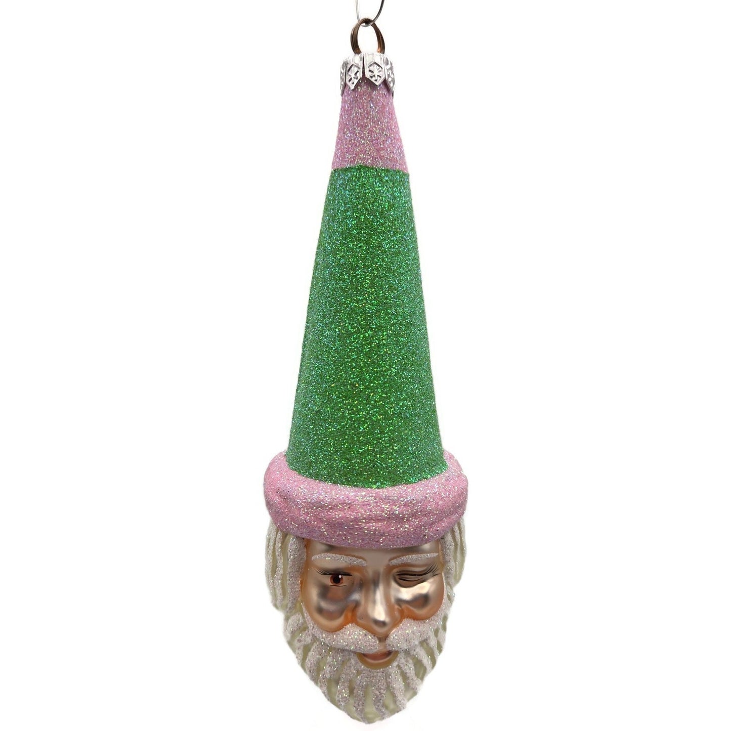 Patricia Breen Wink of His Eye Pink Green Santa Claus Head Christmas Ornament