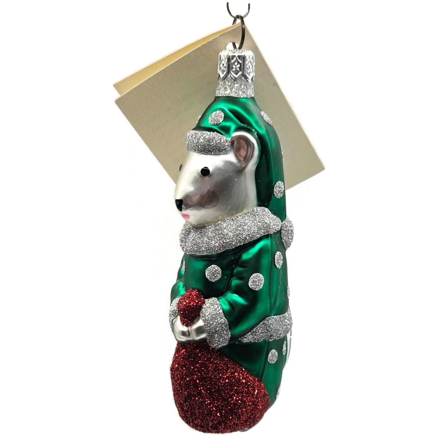 Patricia Breen Festive Mouse Green Silver Dots Glass Christmas Tree Ornament