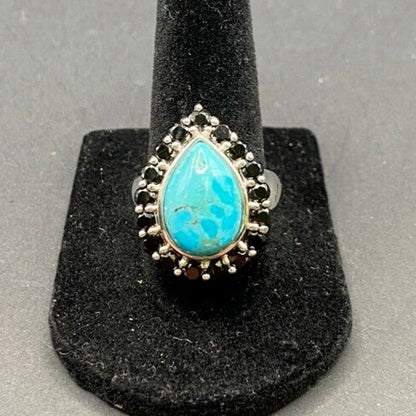 Turquoise Ring Teardrop Gemstone Black Rhinestone 925 Sterling Silver Size 7.5