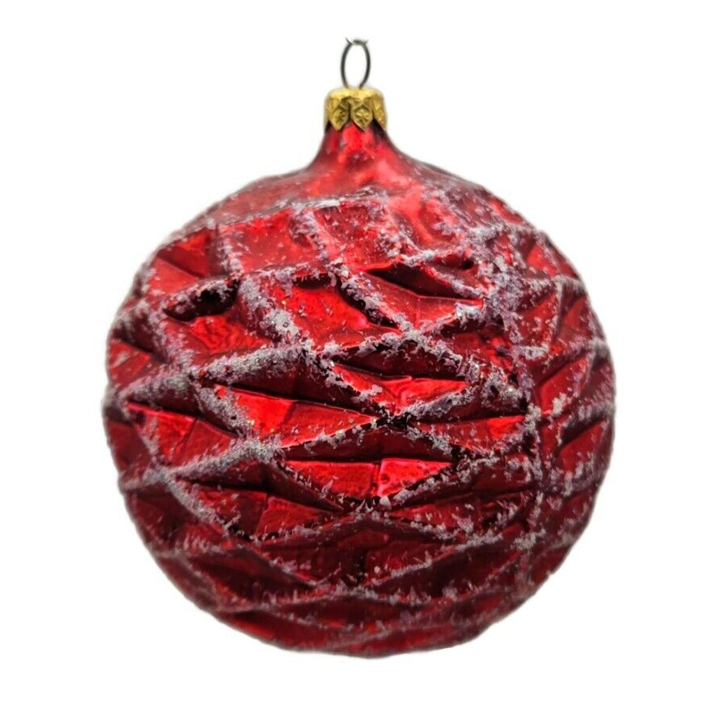 Christopher Radko Waffle Ball Red Glittered Christmas Holiday Ornament 96-133-0