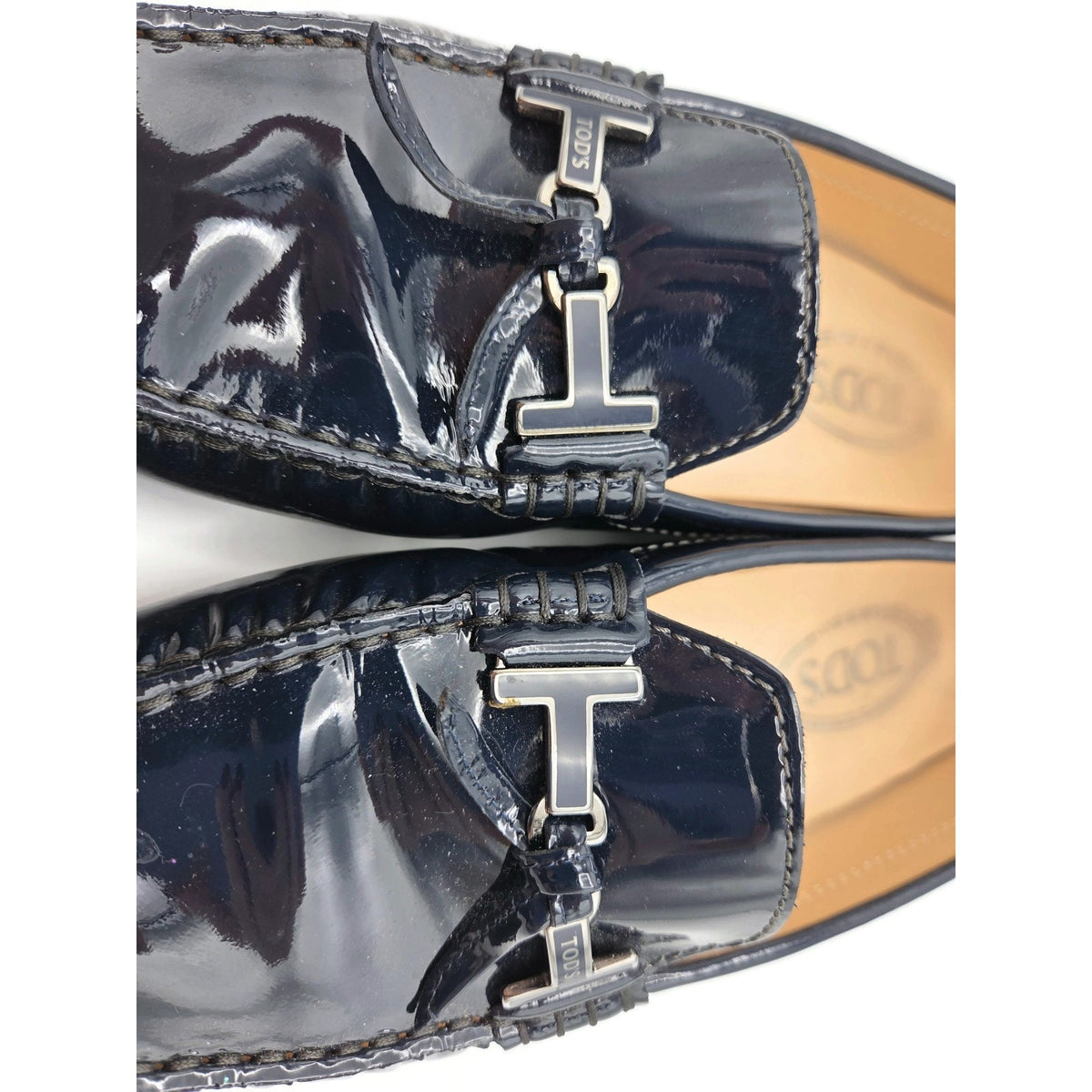 Tod’s Heaven Double T-Bit Loafers Driving Shoes Navy Patent Leather Rare 39.5