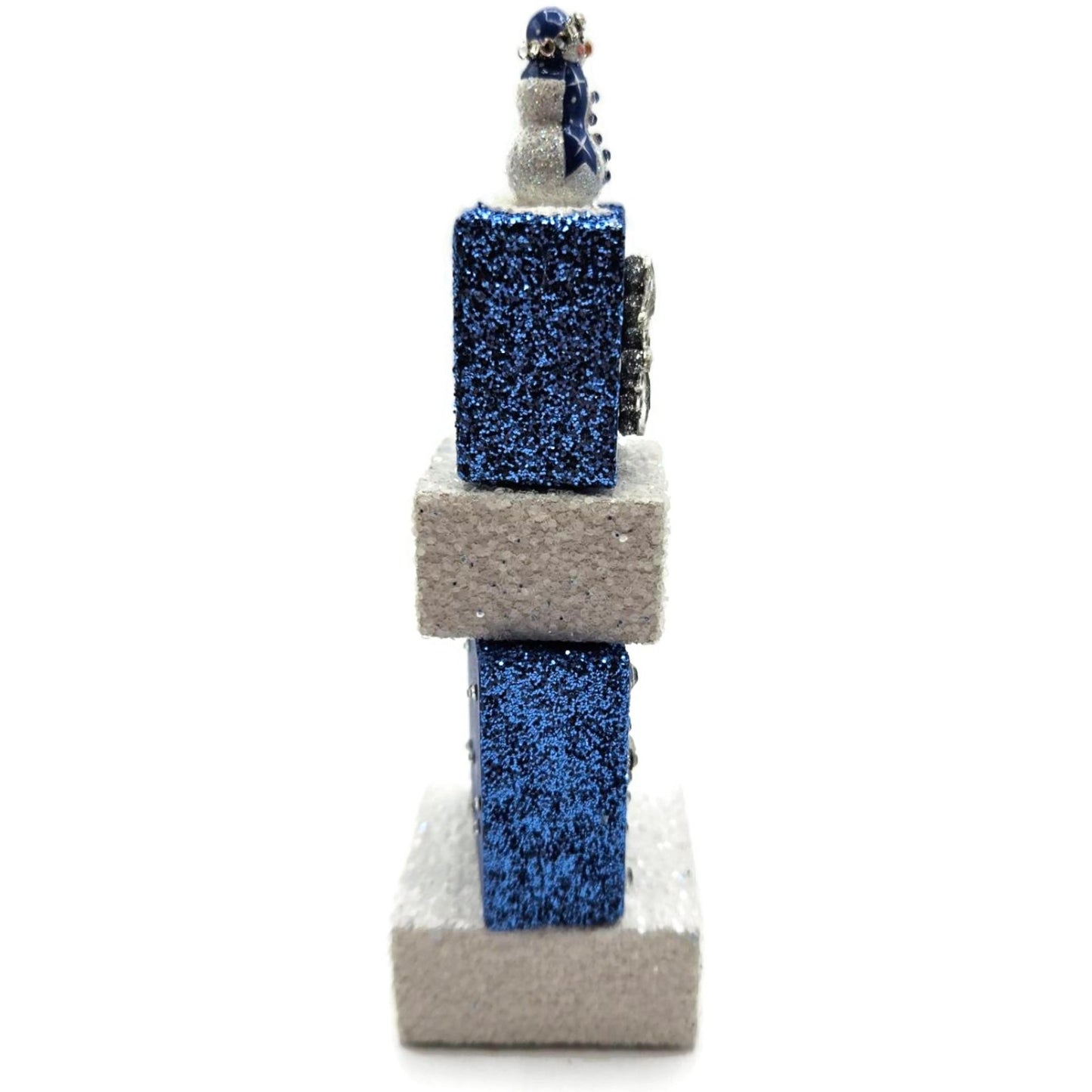 Patricia Breen Presenting Blue Snowman Jeweled Cube Tower Christmas Ornament