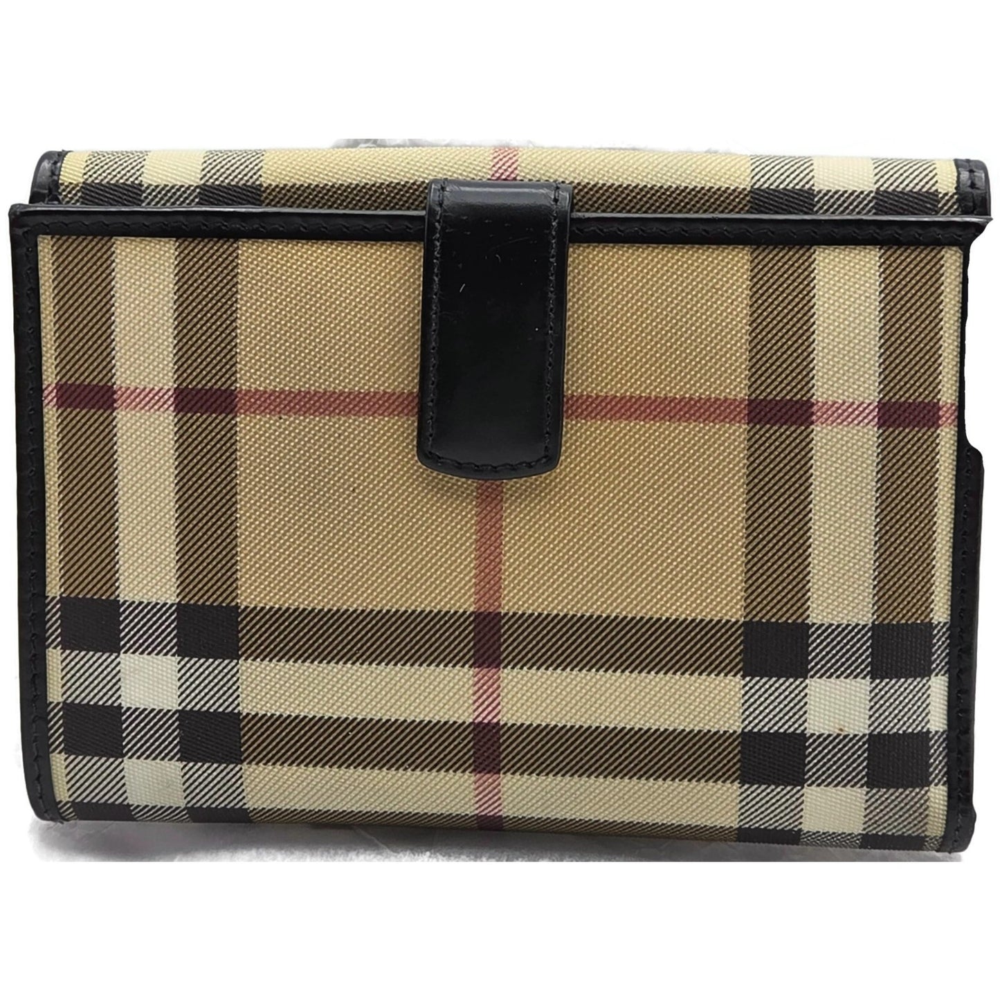 Burberry London Vintage Nova Check Leather Snap Bi-Fold Wallet Black Beige Plaid