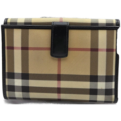 Burberry London Vintage Nova Check Leather Snap Bi-Fold Wallet Black Beige Plaid