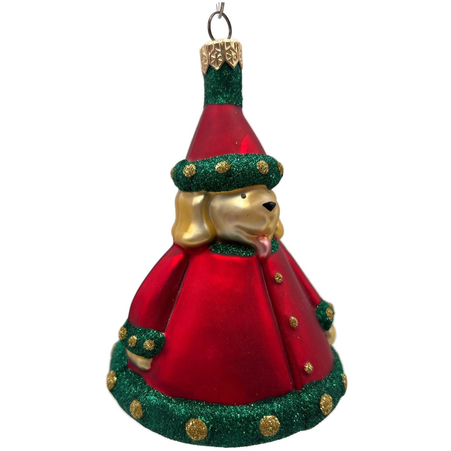 Patricia Breen Santas Helper Dog Red Dotted Gold Glass Christmas Ornament 9886
