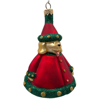 Patricia Breen Santas Helper Dog Red Dotted Gold Glass Christmas Ornament 9886