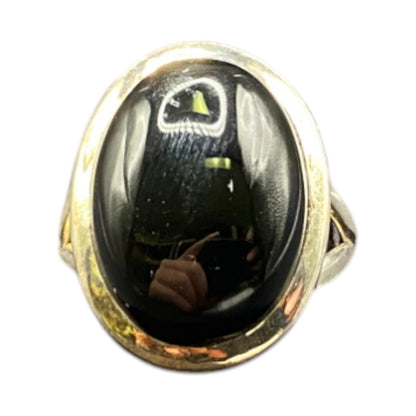 Black Onyx Cocktail Ring Oval Cabochon Gemstone Silver Tone Metal Size 7