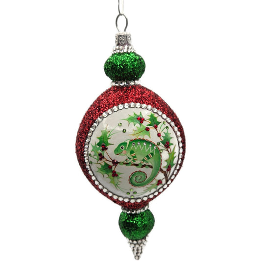Patricia Breen Le Fleuron Holly Chameleon Red Glittered Christmas Tree Ornament